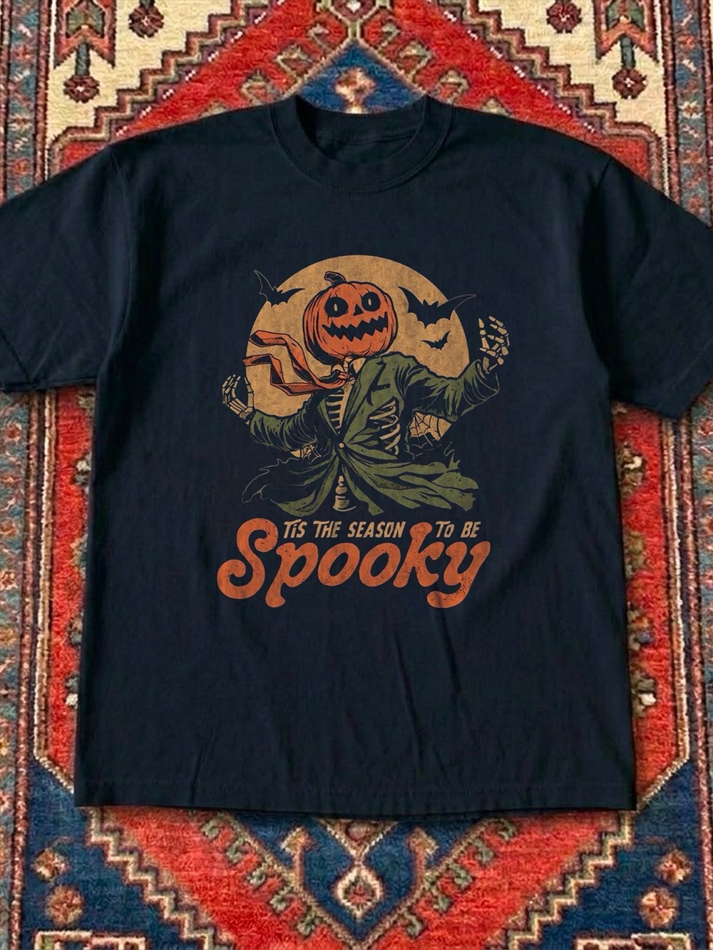 Spooky Season Pumpkin Head Skeleton Halloween Black T-Shirt